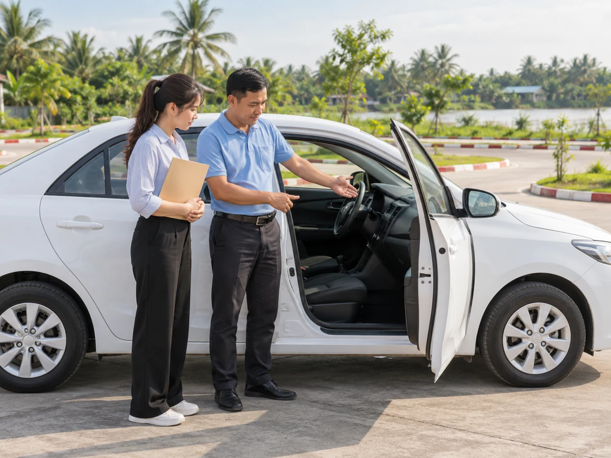 Trung tâm dạy lái xe Trà Vinh Học lái xe Trà Vinh: minh họa học viên luyện thao tác cùng giáo viên